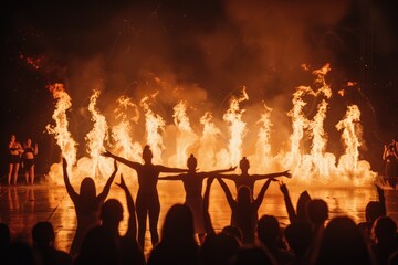 Fototapeta premium A stunning performance followed by a powerful boom marking a grand event focus on, cultural show, dynamic, silhouette, outdoor stage