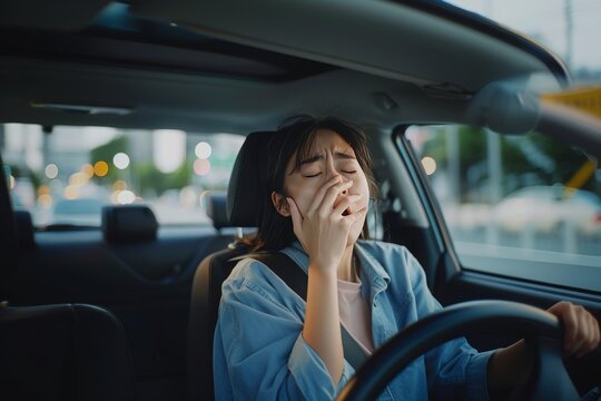 A woman feeling sleepy while driving.