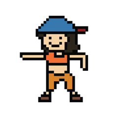 Cute pixel cartoon 8bit character woman exercises training dance lifestyle music decoration life style 8 bit female girl dance with music game fitness isolated PNG vector.