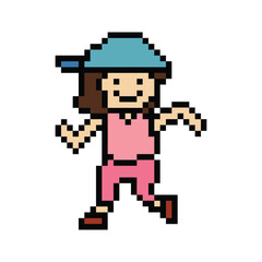 Obraz premium Cute pixel cartoon 8bit character woman run or running jog cardio lifestyle for decoration life style 8 bit female jog marathon exercise png vector.
