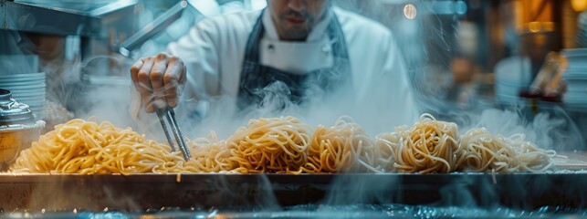 Obraz premium Chef preparing noodles with steam