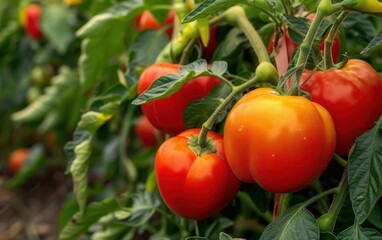 Late summer vegetable garden with ripe tomatoes and peppers