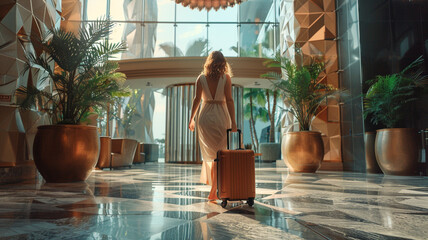 Mature beautiful woman with suitcase in lobby of modern spa resort hotel.