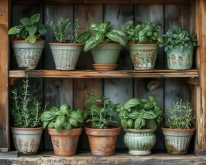 Serene Herb Garden: Full-Frame Shot of Fresh Basil, Rosemary, and Mint in Pots on Wooden Shelf