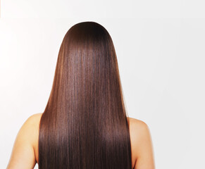 Back, hair care and woman with shine, texture and cosmetics on white studio background. Glow, person and model with shampoo, healthy scalp or texture with beauty, volume and growth with dermatology