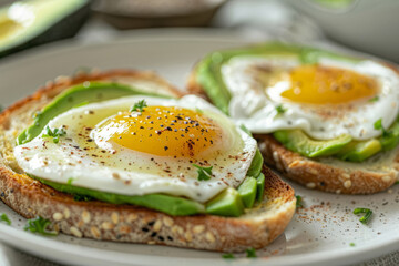 Whole grain toast topped with fresh avocado slices and sunny-side-up eggs. Healthy and nutritious breakfast