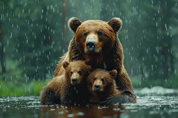 Obraz premium A mother bear and her two cubs are seen in a water stream during rainfall, surrounded by a dense forest. It conveys family bond and nature’s serene side.