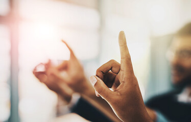 Business meeting, people and finger with question in office for recruitment, training and presentation. Company, employees and hands with query for acquisition orientation, conference and feedback