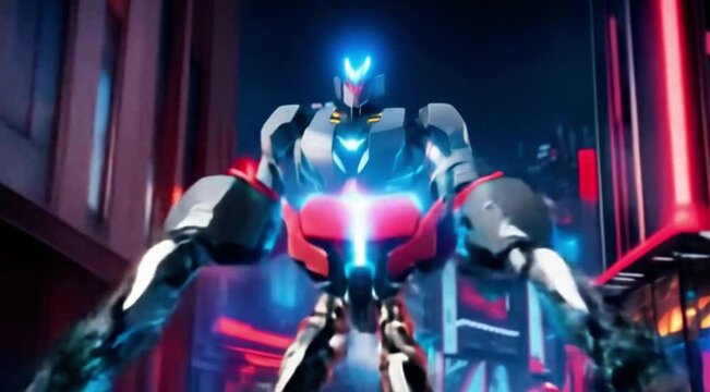 performance car with striking red-accents transforming into a cutting-edge robot 