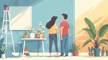First home couple painting walls flat design illustration