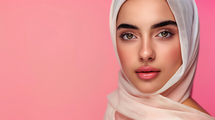 Close-up portrait of a young Arabic woman with striking eyes and a hijab. Her flawless skin and natural makeup highlight her beauty against a matching background.