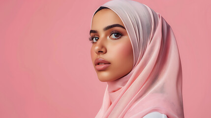 Close-up portrait of a young Arabic woman with striking eyes and a hijab. Her flawless skin and natural makeup highlight her beauty against a matching background.