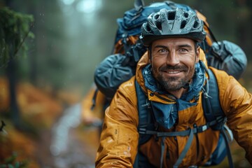 Obraz premium An adventurous man, equipped with a helmet and outdoor gear, smiles confidently as he hikes through a damp forest, embodying the spirit of exploration and resilience.