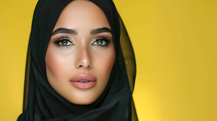 Naklejka premium Close-up portrait of a young Arabic woman with striking eyes and a hijab. Her flawless skin and natural makeup highlight her beauty against a matching background.