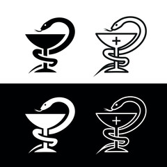 Vessel or cup of Hygieia (Vessel of Hygeia). Bowl and snake icon. Symbol of medicine or poison, hospital or pharmacy. An attribute of a doctor, treatment, or medication.
