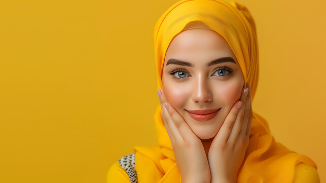 Close-up portrait of a young Arabic woman with striking eyes and a hijab. Her flawless skin and natural makeup highlight her beauty against a matching background.