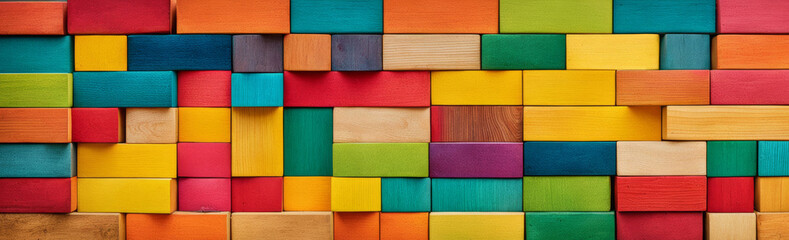 Fototapeta premium The banner is an abstraction with a colorful composition of wooden blocks in various shades of rainbow colors.