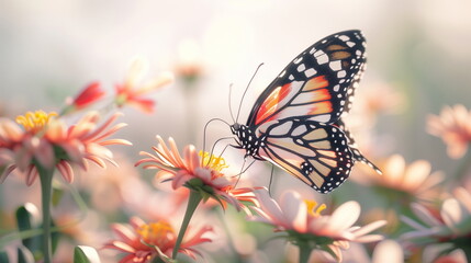 A butterfly is collecting nectar from a flower. AI Generative.