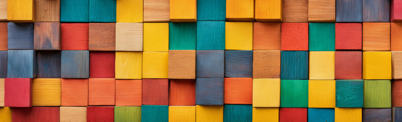 Fototapeta premium The banner is an abstraction with a colorful composition of wooden blocks in various shades of rainbow colors.