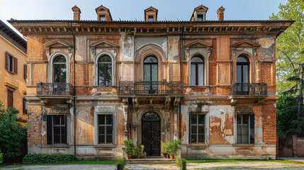 An old stone building with arched windows dominates a narrow Italian street, its historic facade a testament to the town's architectural style