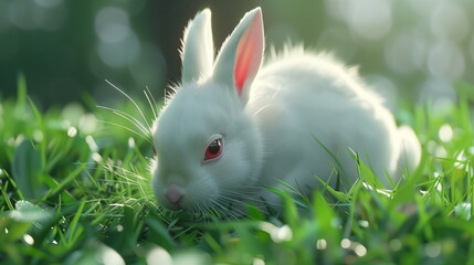 Obraz premium White rabbit with red eyes in the garden : Pets. AI Generative.