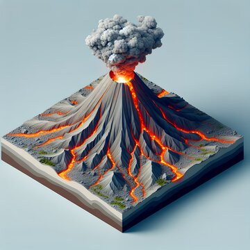 Isometric 3D illustration of a volcano spewing plume of white smoke that billows into the sky