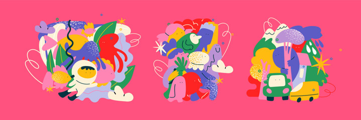 Cartoon abstract characters, doodle illustration. Bright maskot blot cute geometric shapes in retro hippie style 90s. For children's books, sites, stickers