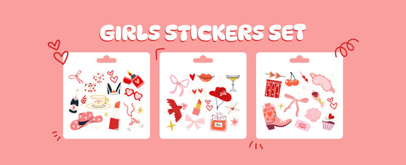 Cartoon set of woman ganster stickers grunge star girl in 90s style. Cowboy hat, cocktails Musical disco aesthetics labels in hippie funky groovy style