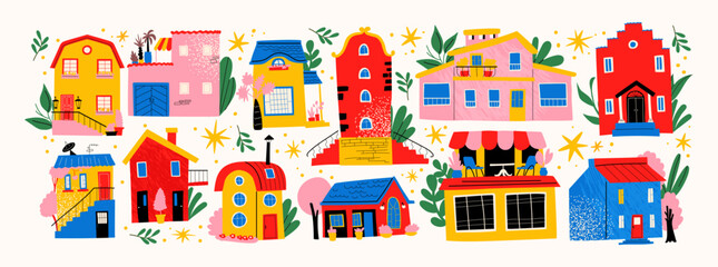 Cartoon architectural houses, urban stickers in 90s doodle style. City ​​buildings in Scandinavian style, plants, cozy buildings city streets © Limpreom