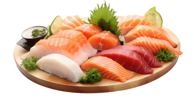 sashimiserved in plate on white isolated on clear png background and transparent background. food drink and dessert concept for cafe and restaurent, AI generative.