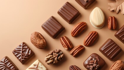 Assorted Chocolate Truffles with Mixed Nuts on Brown Background, Copy Space