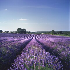 Obraz premium A tranquil image of a field of lavender in full bloom, with rows of purple flowers stretching into the distance under a clear summer sky