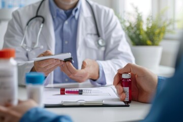 Fototapeta premium Healthcare Professional Explains Blood Clotting Disorders Using Model and Visual Aids in Clinical Setting