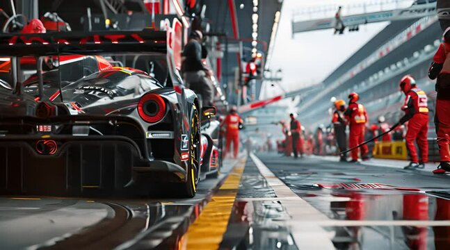 Professional pit crew ready for action as their team's race car arrives in the pit lane during a pitstop of a car race, concept of ultimate teamwork, Generative AI