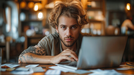 man working on laptop in cafe. A man with a beard and tattoos working at a table in a cafe, surrounded by paperwork. Small business owner. Entrepreneur.