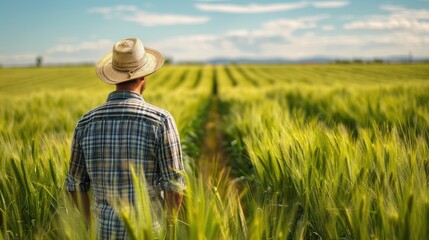 Farmer inspecting a lush green wheat field, representing sustainable agriculture practices and crop health.
