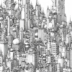 Line art illustration of a detailed cityscape, rendered in monochrome with intricate line work