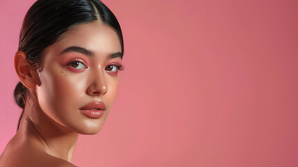 Fototapeta premium Close-up portrait of a young Indian woman with natural makeup skincare.