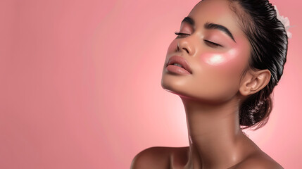 Fototapeta premium Close-up portrait of a young Indian woman with natural makeup skincare.