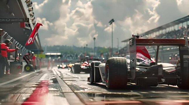 Professional pit crew ready for action as their team's race car arrives in the pit lane during a pitstop of a car race, concept of ultimate teamwork, Generative AI