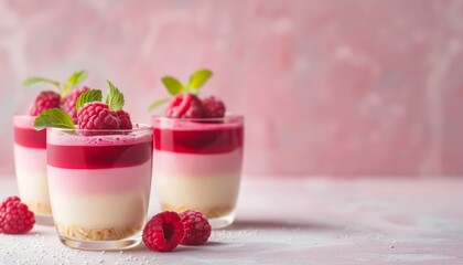 Raspberry Panna Cotta with Mint on Pink Bokeh Background, Copy Space