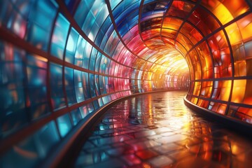A vivid tunnel swirls with dynamic colors and light reflections, creating a mesmerizing and vibrant visual experience filled with energy and motion.