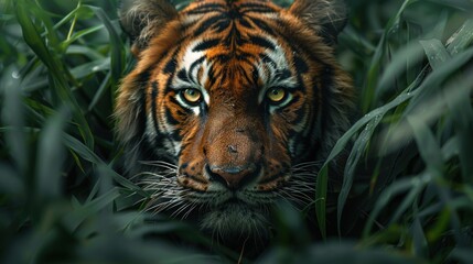 4K resolution image of a tiger hidden in tall grass.