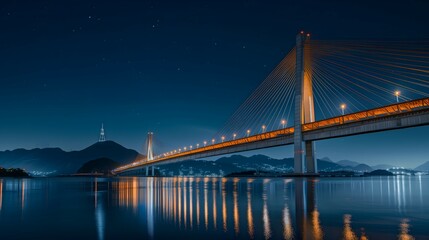 bridge, night, illuminated, lights, water, reflection, cityscape, skyline, dark, river, architecture, structure, glowing, twilight, urban, horizon, silhouette, beams, towers, cables, lanterns, moonlit