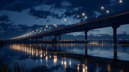 bridge, night, illuminated, lights, water, reflection, cityscape, skyline, dark, river, architecture, structure, glowing, twilight, urban, horizon, silhouette, beams, towers, cables, lanterns, moonlit