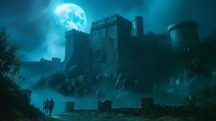 Medieval castle illuminated by a full moon