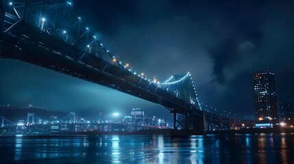bridge, night, illuminated, lights, water, reflection, cityscape, skyline, dark, river, architecture, structure, glowing, twilight, urban, horizon, silhouette, beams, towers, cables, lanterns, moonlit