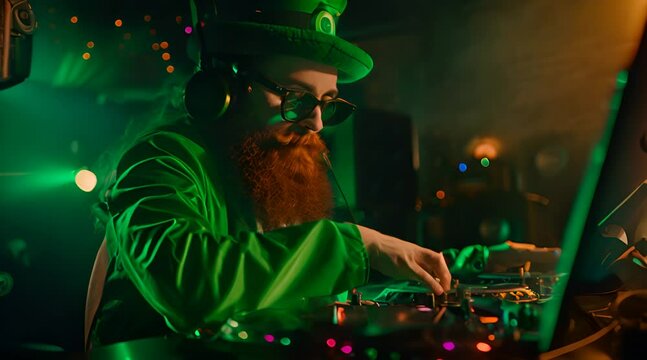 Bearded DJ wears a leprechaun costume and working spinning turntable records at Saint Patrick's Day party