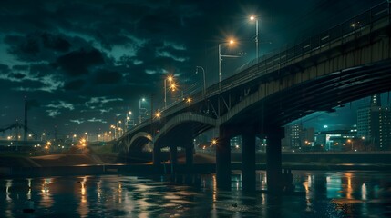 bridge, night, illuminated, lights, water, reflection, cityscape, skyline, dark, river, architecture, structure, glowing, twilight, urban, horizon, silhouette, beams, towers, cables, lanterns, moonlit