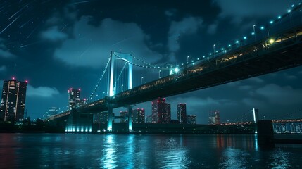 bridge, night, illuminated, lights, water, reflection, cityscape, skyline, dark, river, architecture, structure, glowing, twilight, urban, horizon, silhouette, beams, towers, cables, lanterns, moonlit
